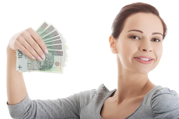 Woman holding polish money — Stock Photo, Image