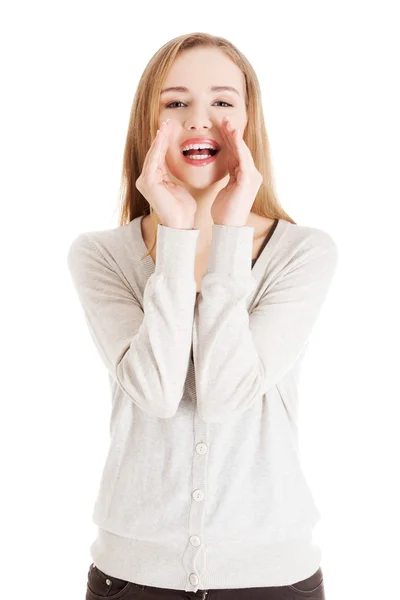 Feliz mujer susurrando — Foto de Stock