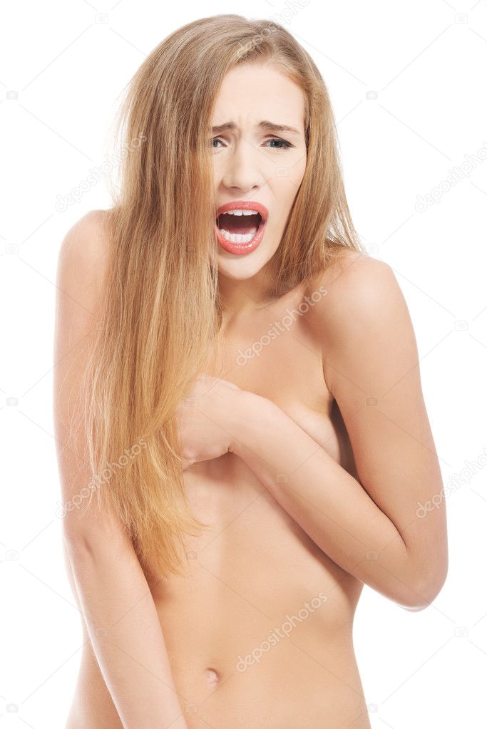 Screaming woman covering her breast
