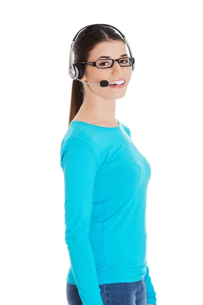 Obsługi klienta kobiece operatora z zestawu słuchawkowego — Zdjęcie stockowe
