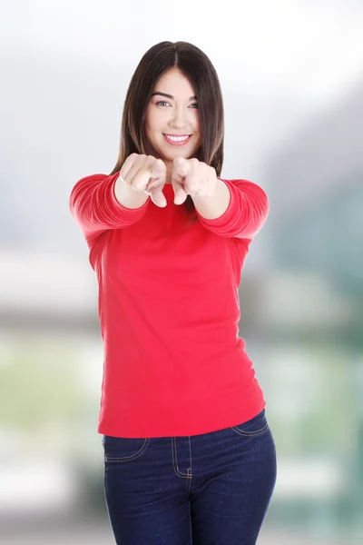 Young beautiful caucasian woman pointing on you — Stock Photo, Image