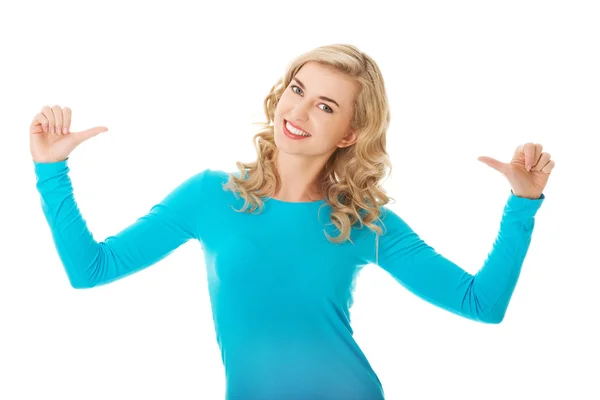 Portrait of woman pointing on herself — Stock Photo, Image