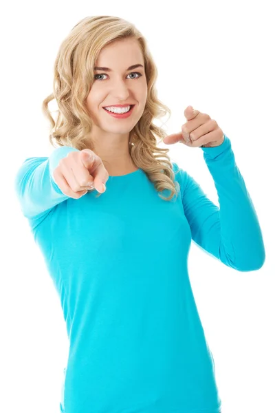 Laughing blonde woman pointing on you — Stock Photo, Image