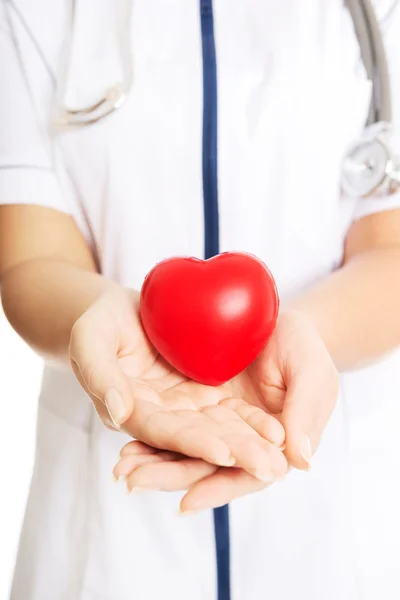 Close up female doctor holding heart model — Stock Photo, Image
