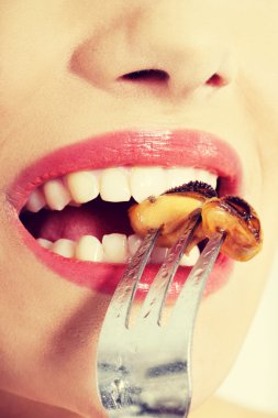 Kafkas kadın yemek deniz meyve çatal ile gülümseyen.