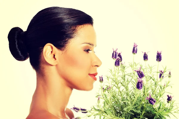 Beautiful girl smell lavender flowers — Stock Photo, Image