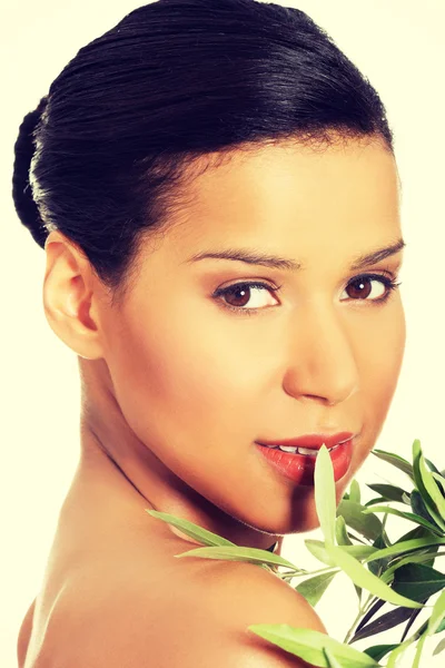 Woman with health skin and with olive tree — Stock Photo, Image