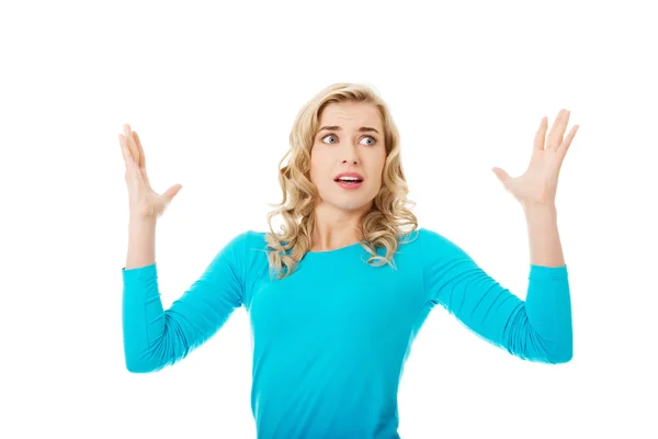 Portrait of angry woman with hands up — Stock Photo, Image