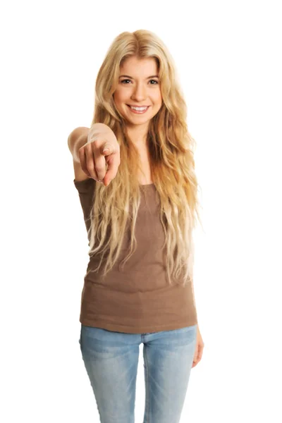 Portrait of student woman pointing on you — Stock Photo, Image