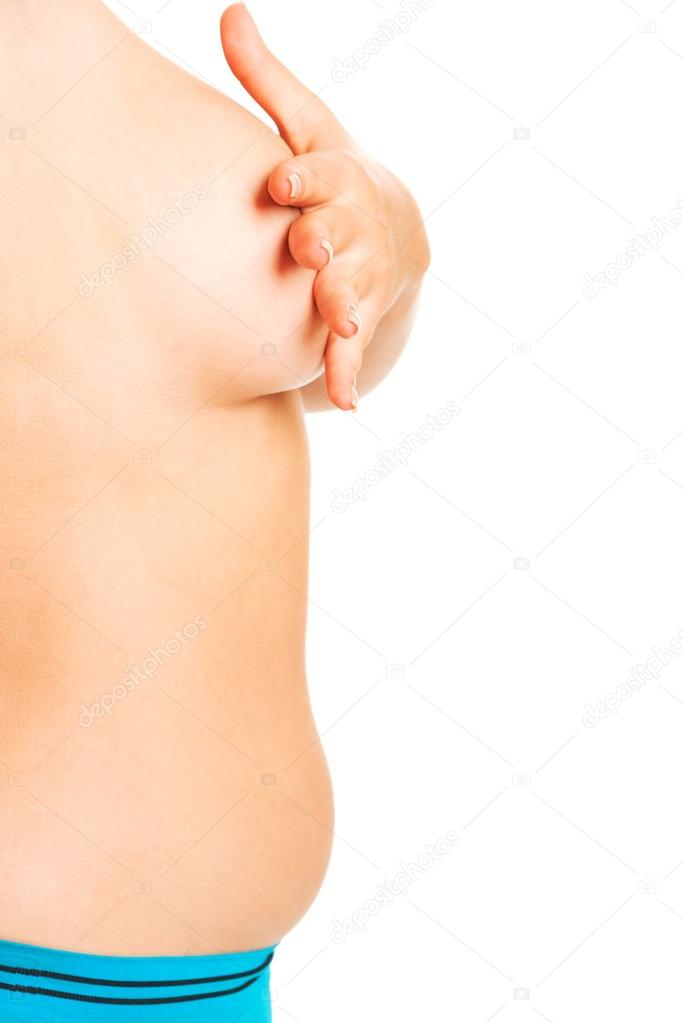 Overweight woman covering her breast