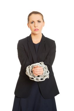 Business woman tied up with chain clipart