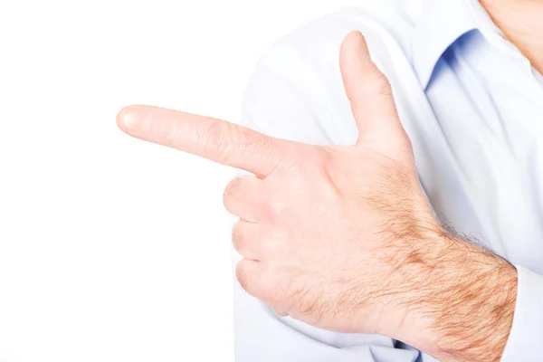 Close up on male hand pointing to the left — Stock Photo, Image