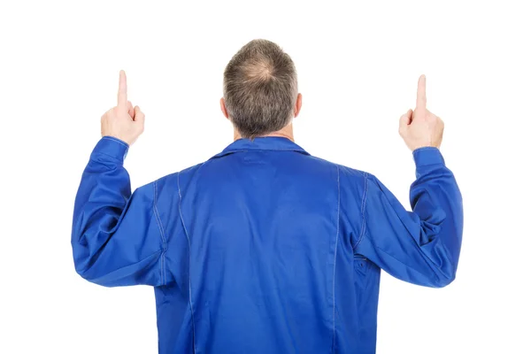Bakifrån reparatör pekar uppåt med båda händerna — Stockfoto