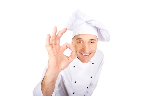 Chef in uniforme bianca con segno perfetto — Foto Stock