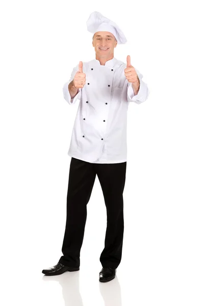 Kuchař v bílém klobouku s ok znamení — Stock fotografie