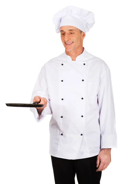 Restaurante chef con sartén — Foto de Stock