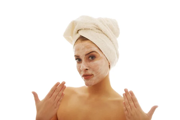 Portrait of a woman with cream lotion on face — Stock Photo, Image