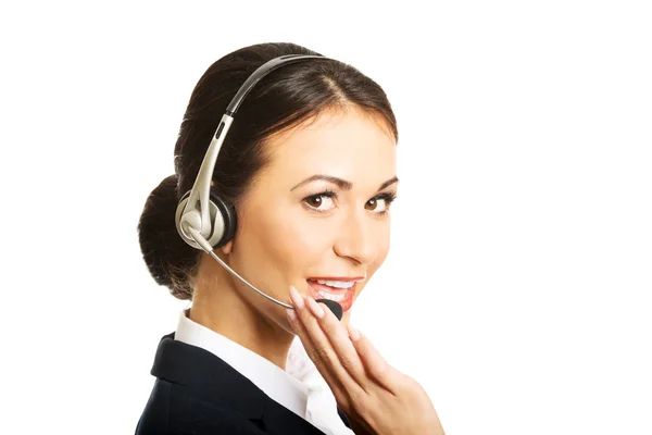 Portrait of happy phone operator in headset — Stock Photo, Image