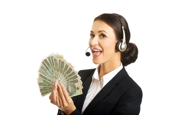 Portrait of call center woman holding polish bills — Stock Photo, Image