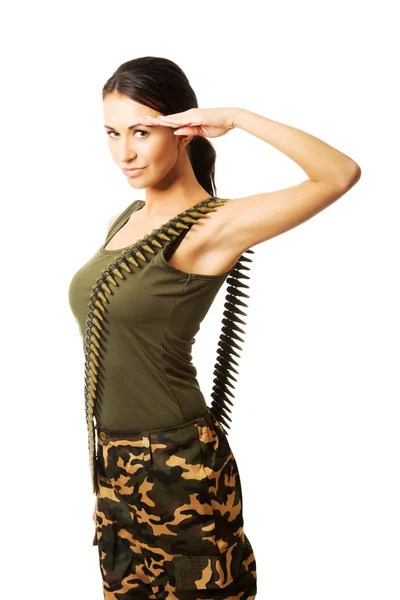 Military woman making salute gesture — Stock Photo, Image