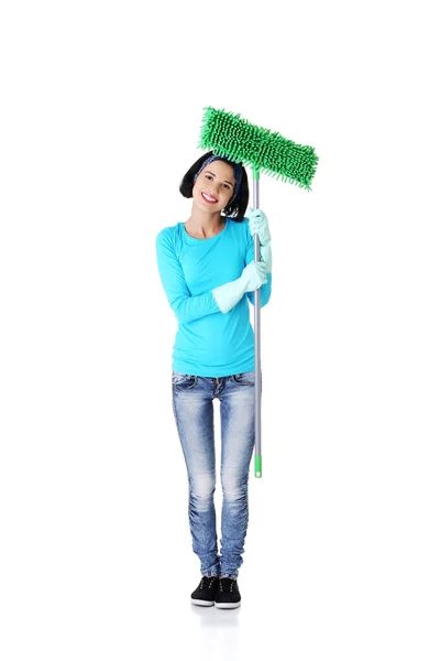 Portrait of happy woman with a mop — Stock Photo, Image