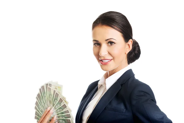 Donna d'affari in possesso di una clip di denaro polacco — Foto Stock
