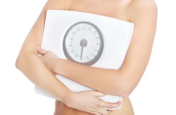 Close up topless woman holding weight — Stock Photo, Image