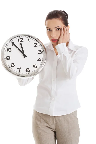 Late woman holding big clock — Stock Photo, Image