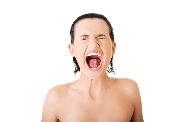 Portrait of nude woman screaming loud — Stock Photo, Image