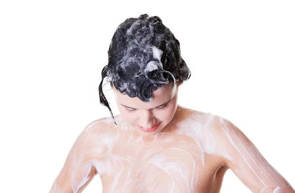 Portrait of young sexy woman with soap foam — Stock Photo, Image