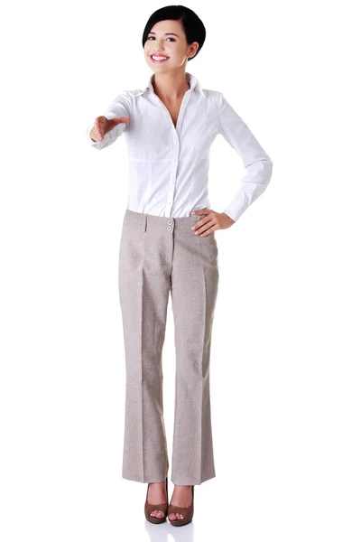 Full length happy businesswoman ready to handshake — Stock Photo, Image