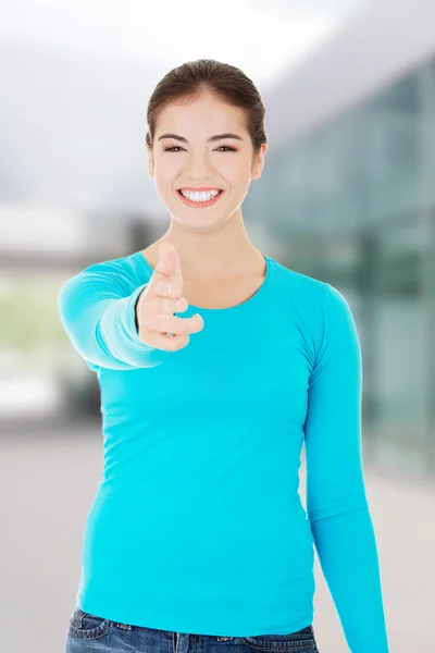 Young beautiful caucasian woman pointing on you — Stock Photo, Image