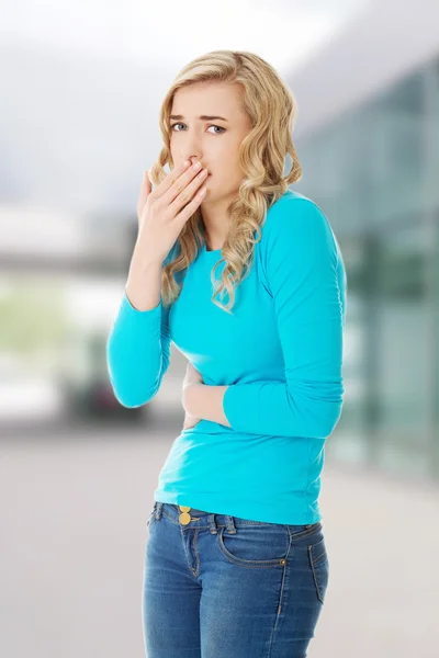 Sick woman about to throw up — Stock Photo, Image