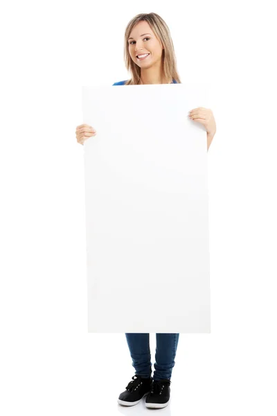 Vrouw bedrijf witte banner — Stockfoto