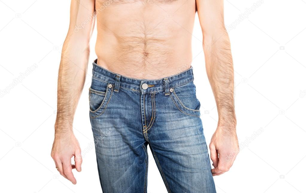 Close up on shirtless men in jeans trousers