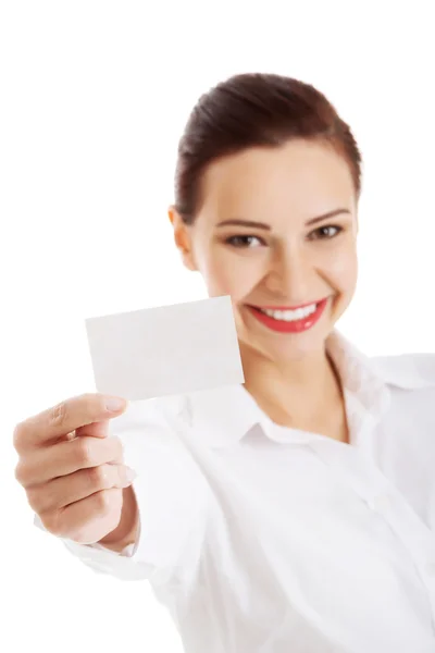 Portrait of woman with business card — Stock Photo, Image