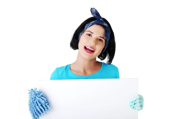 Woman with mop and empty banner — Stock Photo, Image