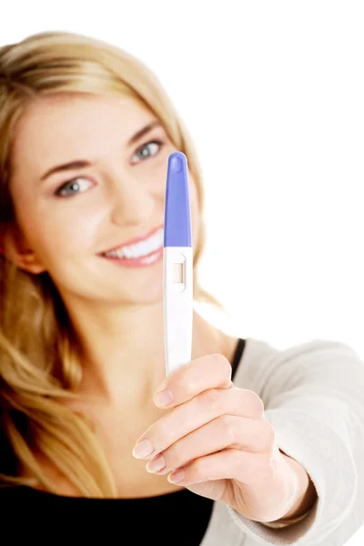 Happy woman with pregnancy test — Stock Photo, Image