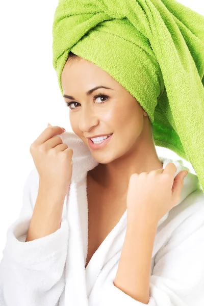 Happy woman in bathrobe — Stock Photo, Image