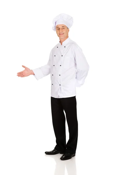 Happy matre chef dengan gerakan selamat datang — Stok Foto