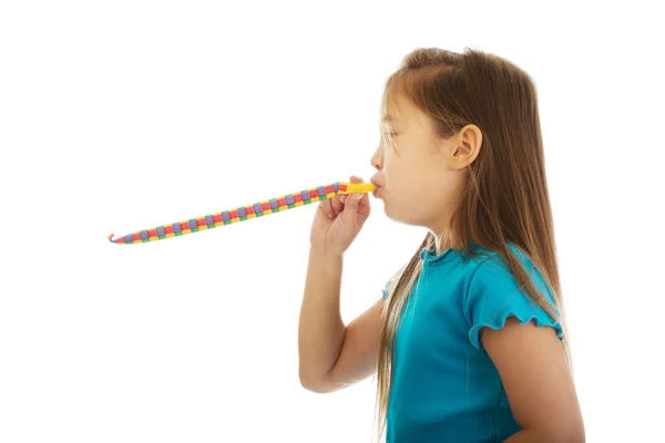 Girl blowing ribbon — Stock Photo, Image