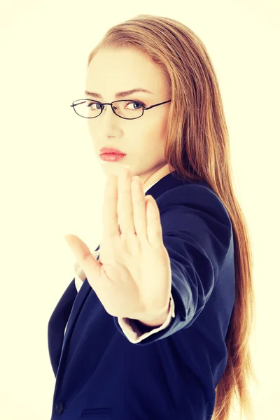 Business woman showing stop gesture by hand. — Stock Photo, Image