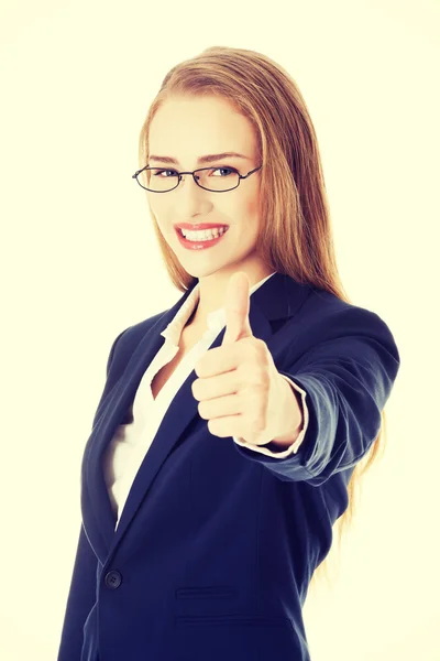 Hermosa mujer de negocios con el pulgar hacia arriba . — Foto de Stock