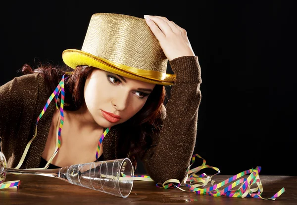 Young drunk woman  with empty champagne bottle — Stock Photo, Image