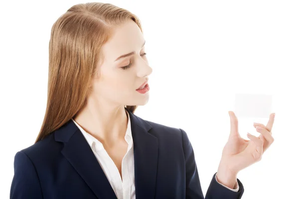 Beautiful smiling businesswoman with businesscard — Stock Photo, Image