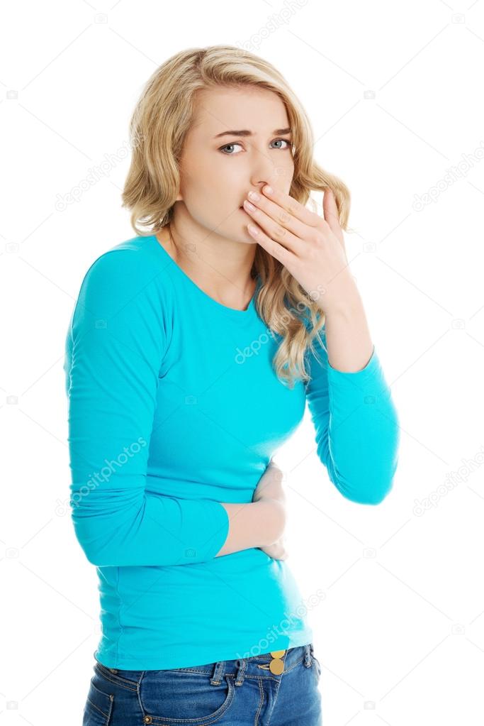 Sick woman about to throw up
