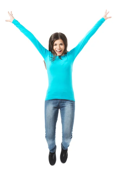 Young casual woman, student jumping. — Stock Photo, Image