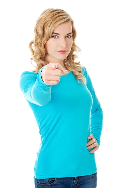 Laughing blonde woman pointing on you — Stock Photo, Image