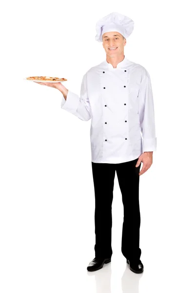 Chef baker with italian pizza — Stock Photo, Image