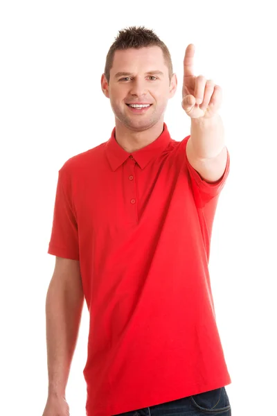 Homem pressionando um botão touchscreen abstrato — Fotografia de Stock